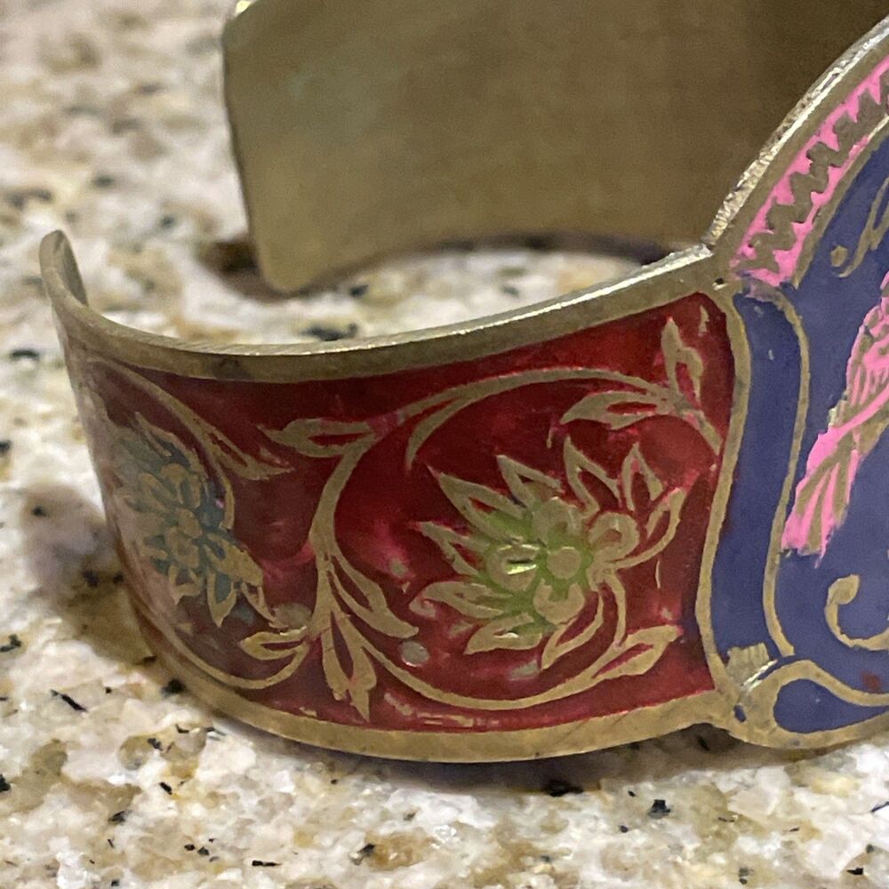 vintage-style hinged Cuff bangle bracelet Brass Bird & Floral Design - Picture 4 of 5